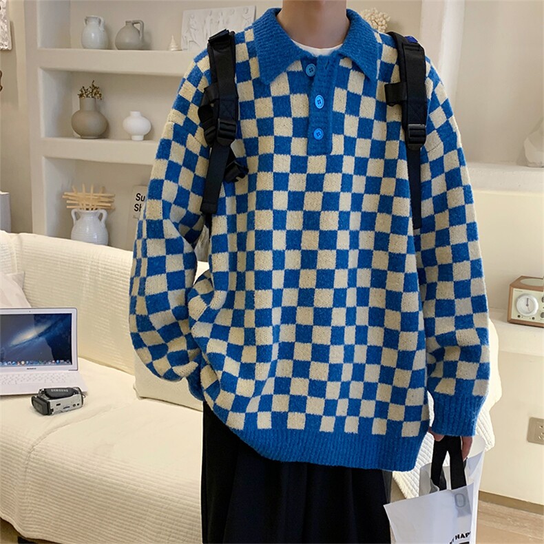 新款翻领棋盘格毛衣慵懒风宽松套头polo领针织衫现货 M326-P44图片
