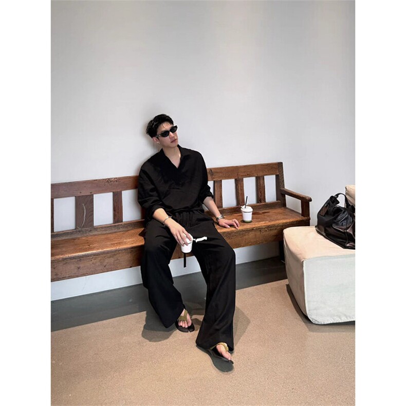 天丝亚麻长袖V领衬衫宽松直筒裤套装TZ087-P100上衣P50裤子P50,男装衬衫,星座1004-3