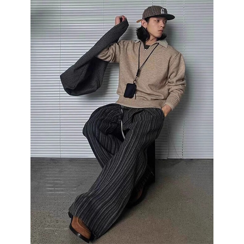 老钱风条纹休闲裤男生宽松皱褶直筒裤韩版阔腿裤子LB0011-P58,男装休闲裤,星座1008