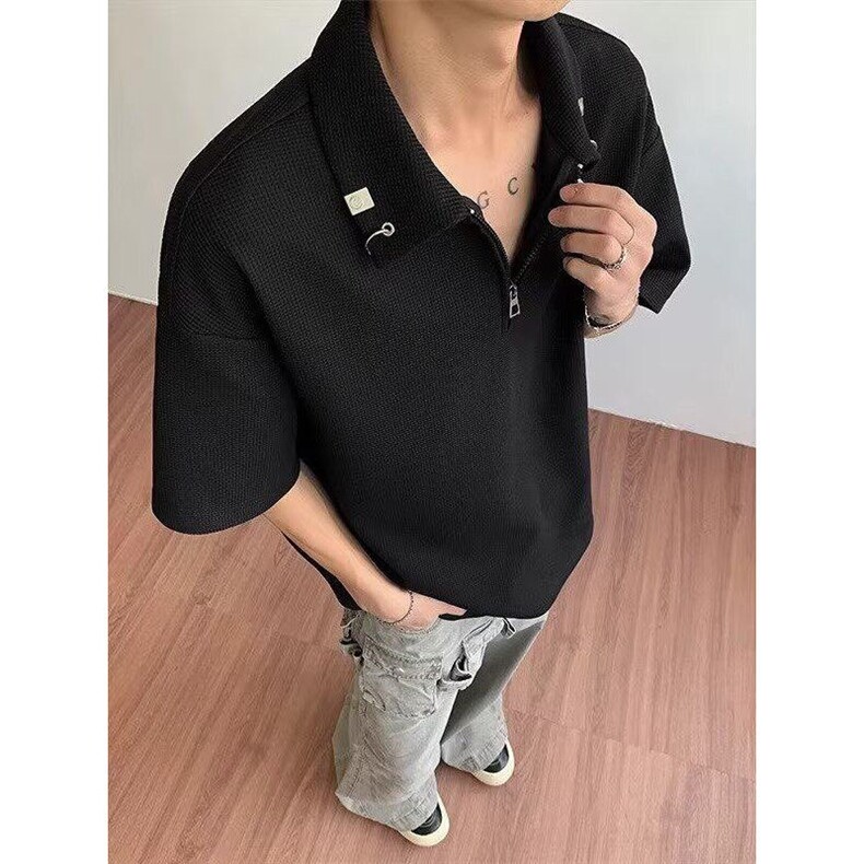 网络图现货金属扣polo衫半拉链男宽松短袖T恤RG35-P38,男装Polo衫,星座1005-4