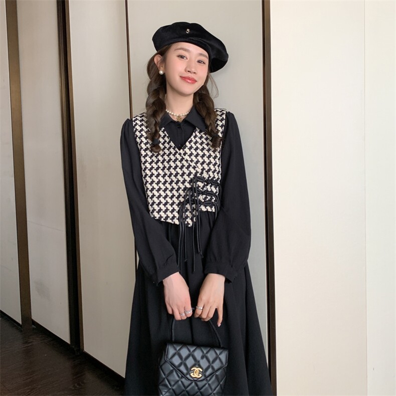 新中式国风千鸟格马甲套装女2025春秋新款收腰显瘦衬衫长裙两件套,女装连衣裙,菡迪欧娜