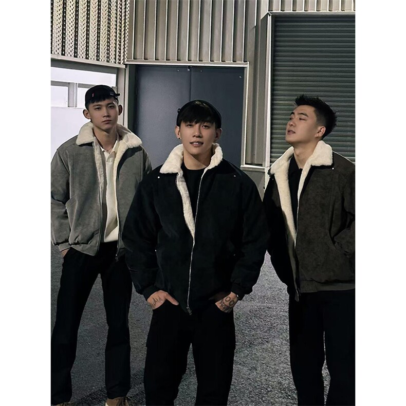 现货重磅硬挺boxy羽绒棉衣座山雕羊羔毛领洗水麂皮棉服冬外套,男装棉衣,电商A486