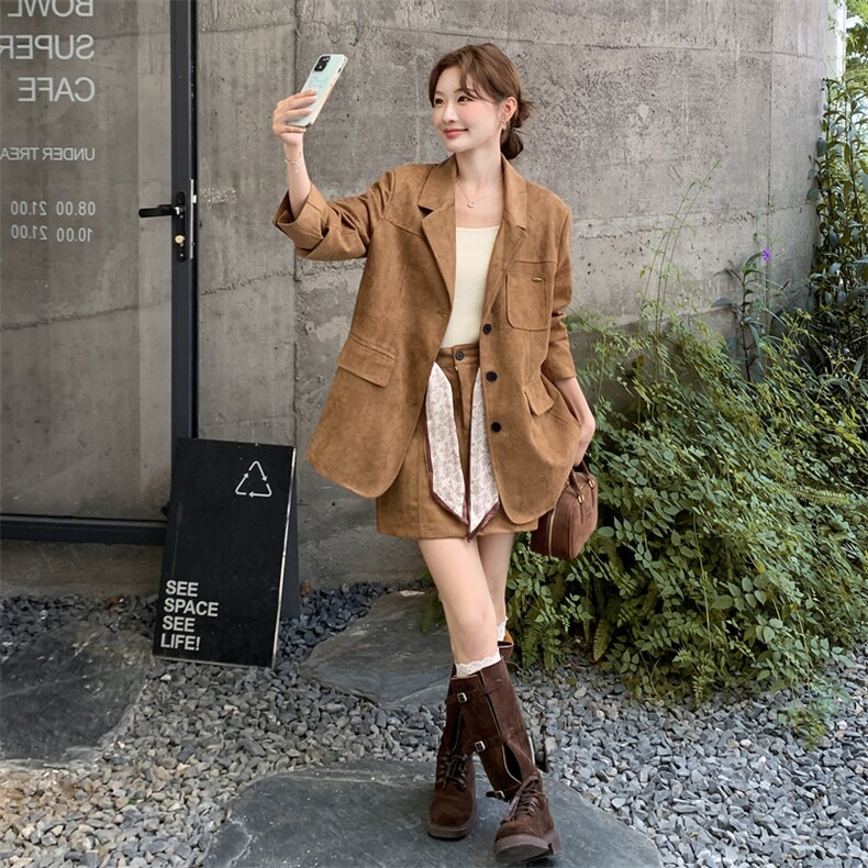 美拉德复古麂皮绒西装外套短裙套装两件套女2025早秋季美式休闲风,女装套装/套裙,2C299