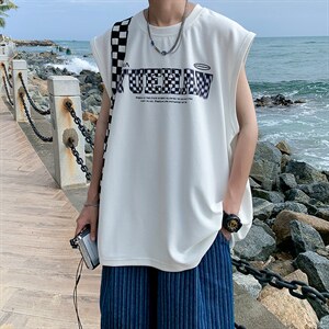 抖音供货、180克现货全棉印花背心宽松无袖T恤D223A-BX2208-P20，男装背心/马甲，电商019-1