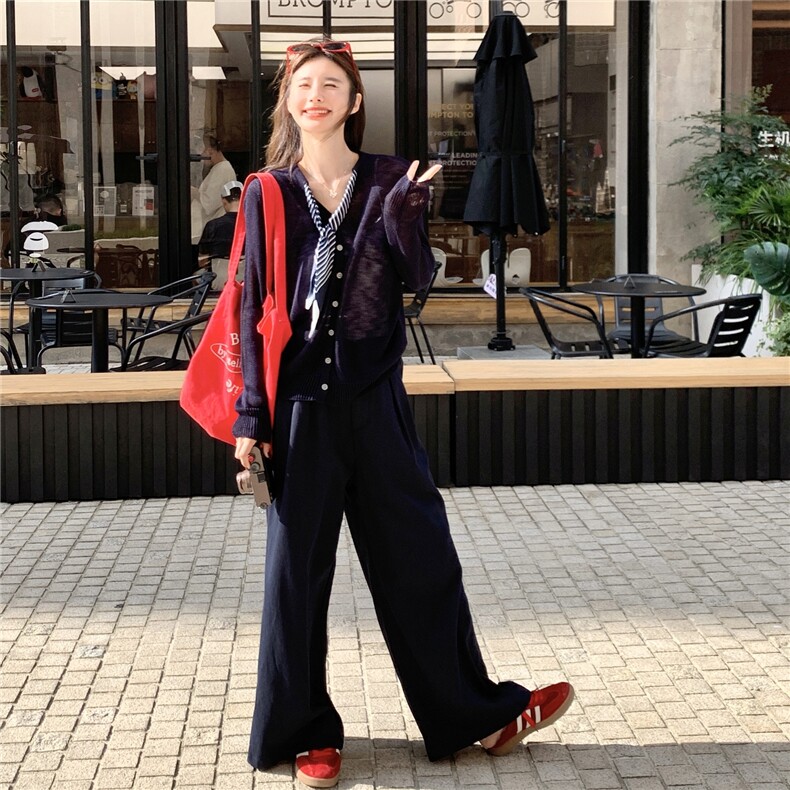 韩版宽松气质温柔针织衫两件套女春秋时尚高腰阔腿裤套装,女装套装/套裙,维壹