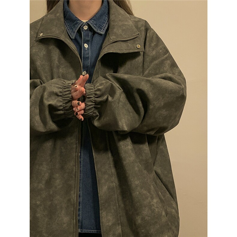 简约风春季水洗复古长袖立领夹克中长款韩版宽松港风美式休闲百搭，女装短外套，星座226-2