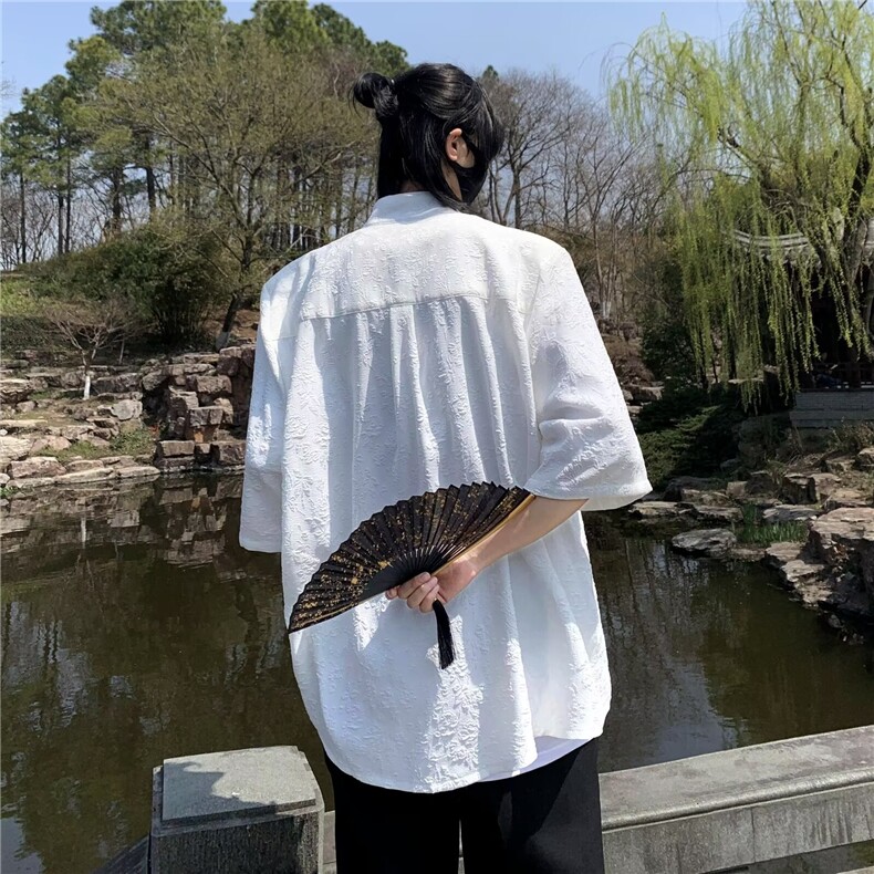 新中式风盘扣提花短袖衬衫潮上衣男款衬衣五分袖,男装衬衫,星座1013