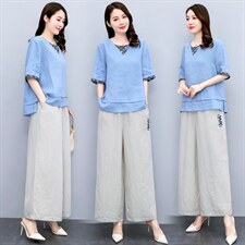 时尚绣花苎麻阔腿裤套装女2024年夏季休闲宽松高端妈妈棉麻两件套，女装套装/套裙，凝聚力