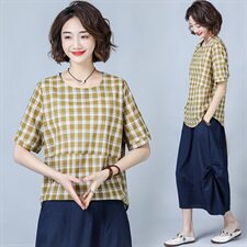 2025年夏季休闲格子潮流舒适时尚蕾丝衫/雪纺衫短袖圆领优雅，女装蕾丝衫/雪纺衫，风姿绰