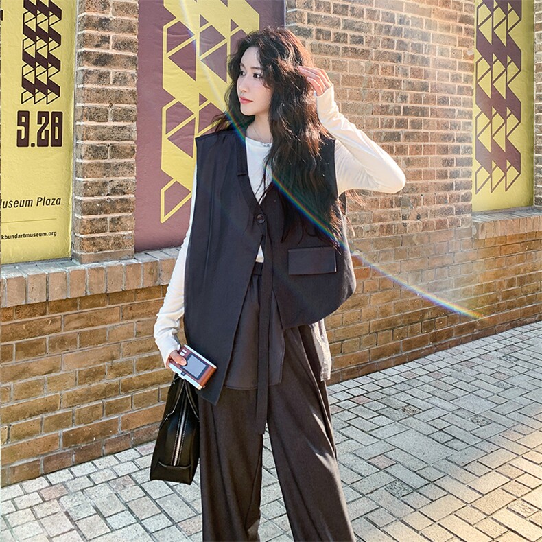 2025秋季韩系气质网纱马甲+阔腿裤两件套装2C037502P185K258,女装套装/套裙,2C037
