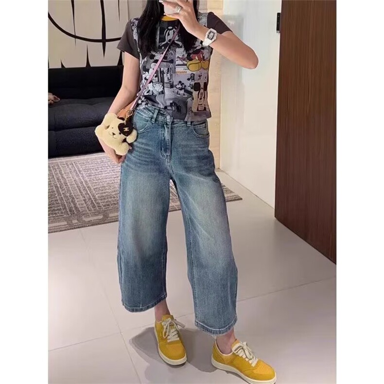 欧货牛仔裤宽松显瘦八分裤2025春夏新款潮流时尚米奇扣子阔腿裤女,男装牛仔裤,星座1210-1