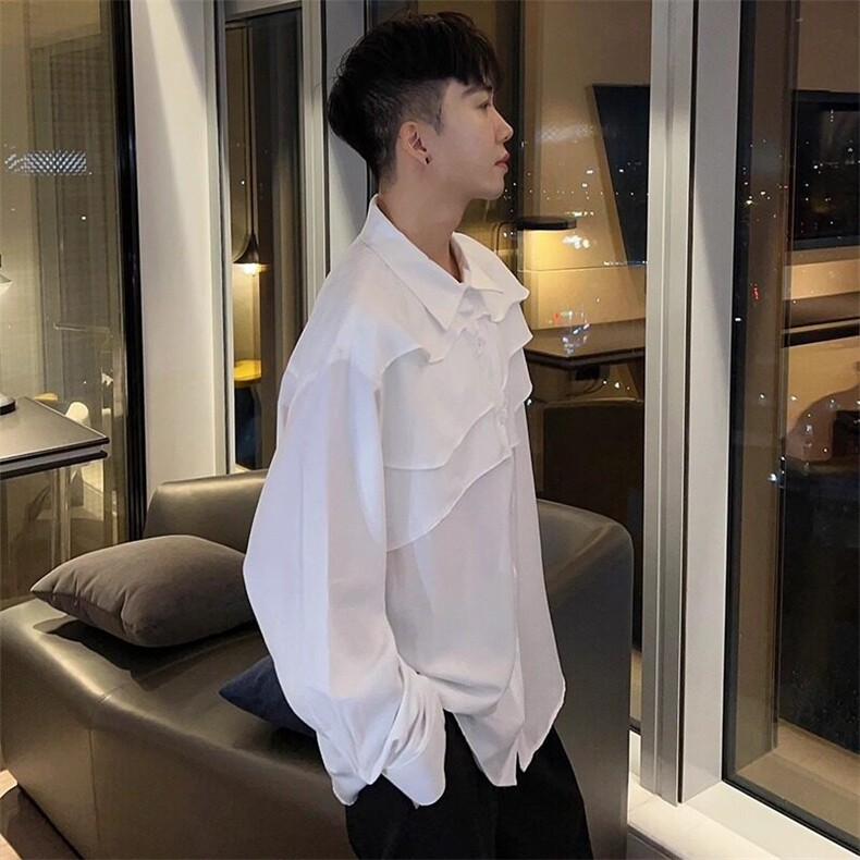 禁欲系层叠褶皱男女宽松高级感长袖衬衣时髦小众衬衫-CS692-网图,男装衬衫,星座1002-2