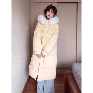 韩系穿搭甜美中长款毛领连帽棉服棉袄女新款冬季宽松保暖夹棉外套图片
