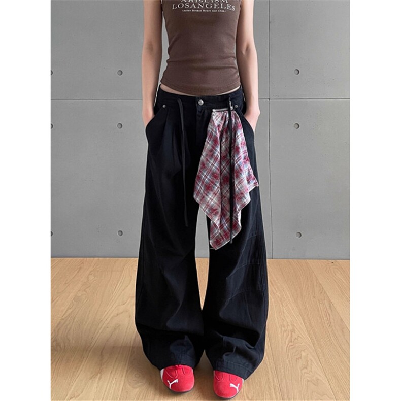 美式复古格子方巾拼接牛仔裤女街头宽松褶皱设计感裤子潮NA160,男装牛仔裤,星座1116A（原606A-3）