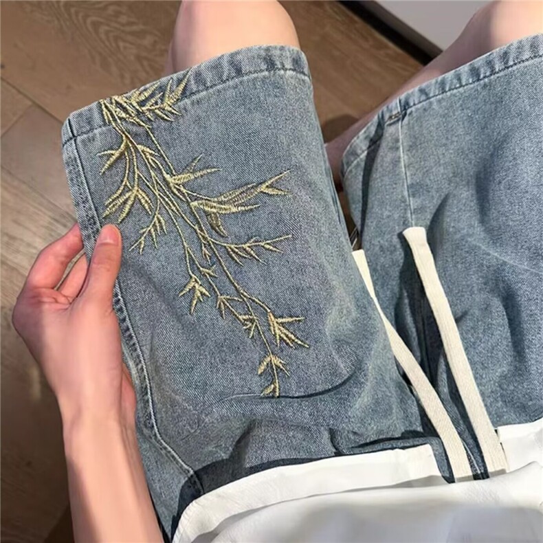 新中式风竹子刺绣牛仔短裤男夏季薄款情侣高街休闲五分裤，男装牛仔裤，星座516A