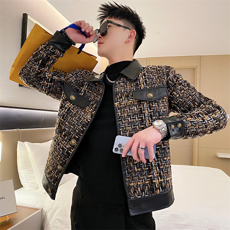 AF112/P128控168秋季社会小伙小香风编织拼皮外套男韩版短款夹克图片