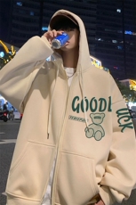 H190P70加绒75港风潮小熊拉链开衫卫衣古宽松休闲连帽外套，女装短外套，星座304A-1