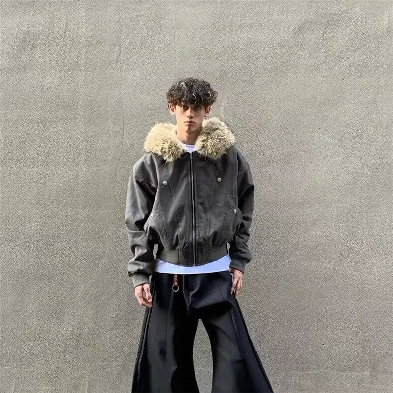 网做旧座山雕加厚棉服男宽松解构磨毛高级感毛领外套B59-P100,男装棉衣,星座910-1