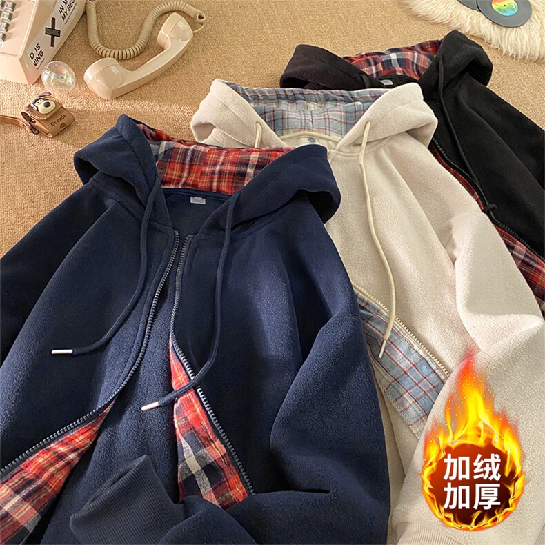 毛毯风摇粒绒格子开衫连帽卫衣宽松加绒冬潮牌外套A436-113-P60,男装卫衣,电商A436