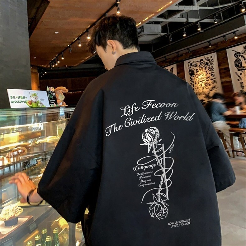 短袖衬衫男夏季新款简约cleanfit玫瑰图案印花设计感宽松翻领上衣,男装T恤,星座1210-1
