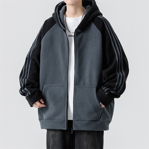 主推摇粒绒三条杠撞色连帽男士外套青少年5XL-8XL批53 W25919-48图片