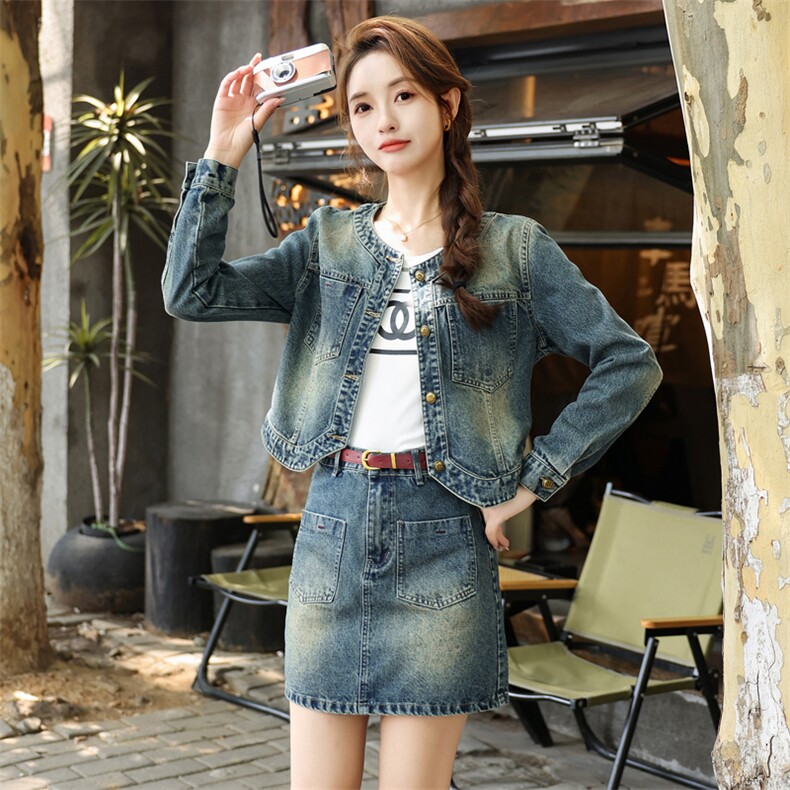牛仔短裙套装女春秋时尚洋气时髦2025新款小个子漂亮独特套装裙,女装套装/套裙,意芙