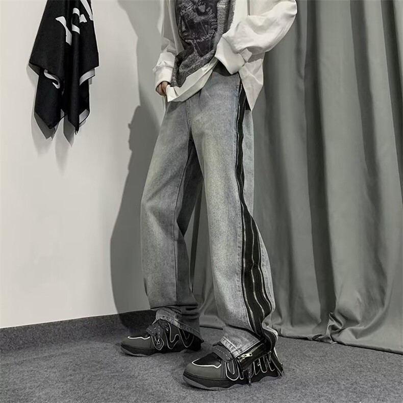 2023新款美式阔腿拉链牛仔裤男高街ins潮牌直筒长裤K4765-P60,男装牛仔裤,星座512-3
