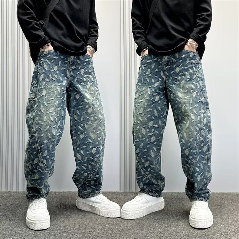 高端轻奢提花牛仔裤男25春季宽松直筒阔腿裤痞帅潮流美式休闲长图片