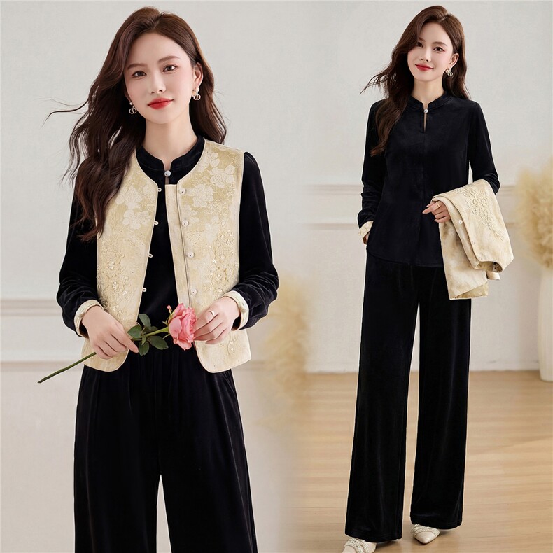 2026春装工艺绣花面料新款简约时尚休闲修身三件套，女装套装/套裙，伊航服饰