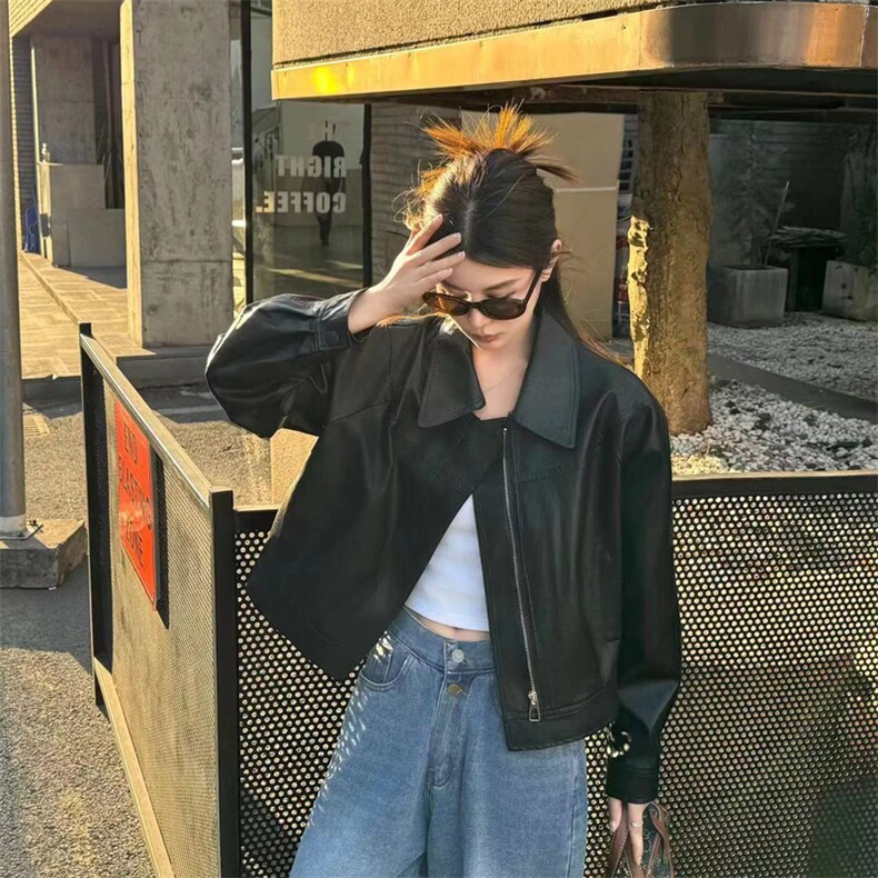 港式复古翻领时尚皮衣女短款2025春新款立领机车服韩系小个子上衣,女装皮衣,2C229
