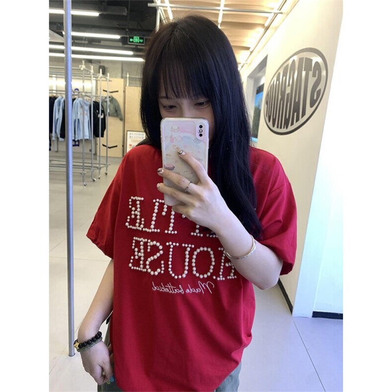 复古红色钉珠字母正肩短袖t恤男女夏季宽松设计感ins潮牌上衣,男装T恤,星座601-1