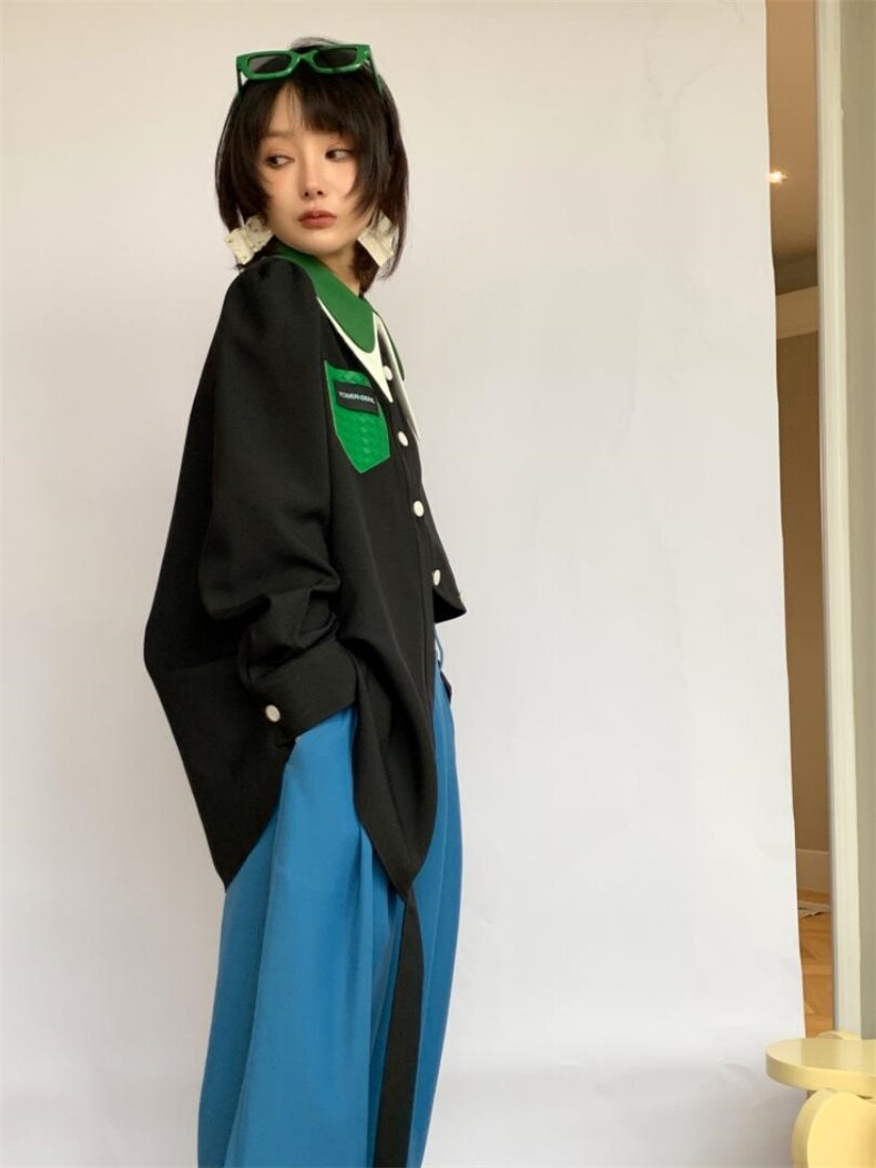 不规则设计黑色衬衫，女装衬衫，WAN QING万青