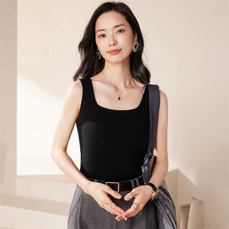 2025夏秋新款羊绒衫女100纯山羊绒气质方领内搭背心纯色针织套衫,女装背心吊带,绒歆坊