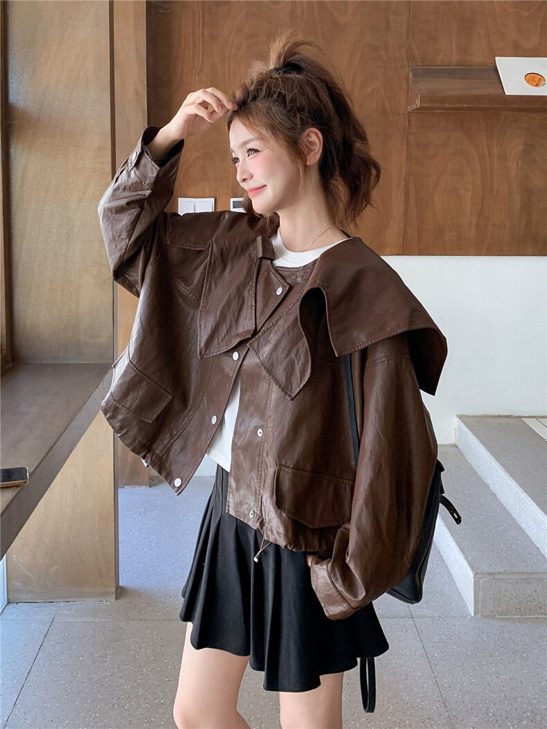 美拉德风娃娃领短款PU皮衣外套女2025年春秋季新款设计感减龄夹克,女装皮衣,蝶眷