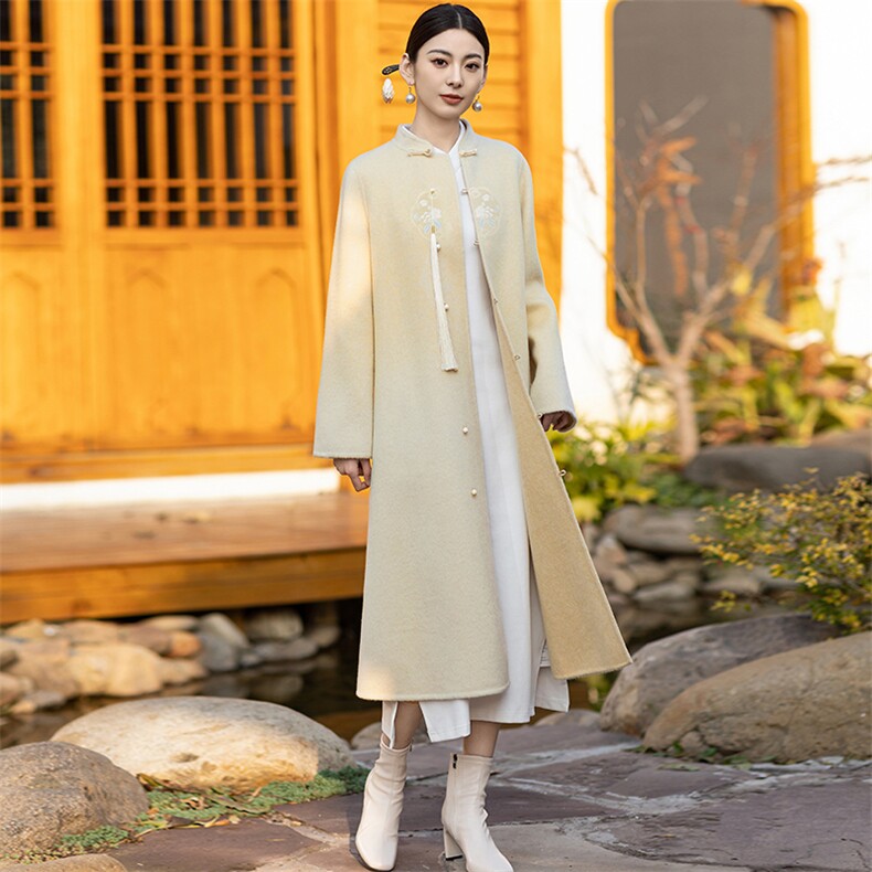 新中式国风双面羊毛大衣女2024春秋新款高端刺绣禅意汉服毛呢外套,女装毛呢外套,芷墨服饰