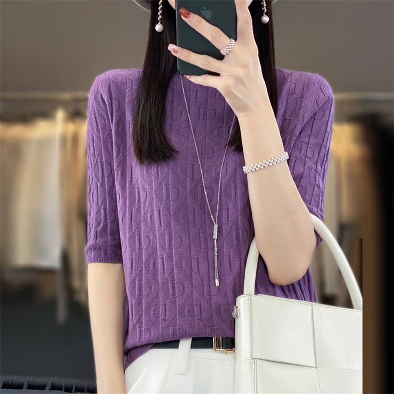 春夏薄款半高领五分袖针织衫女新款提花宽松中袖毛衣短袖打底T恤,针织衫/毛衣,大美人包芯纱店