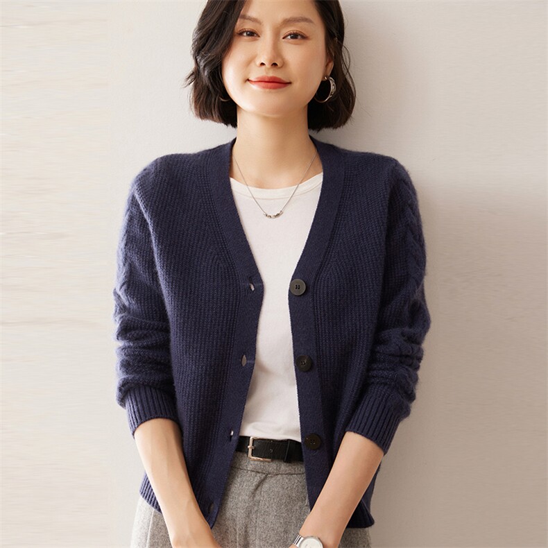 2025秋冬新款35%山羊绒女士7针短款后背麻花羊绒开衫,女装羊绒衫,拓驰羊绒