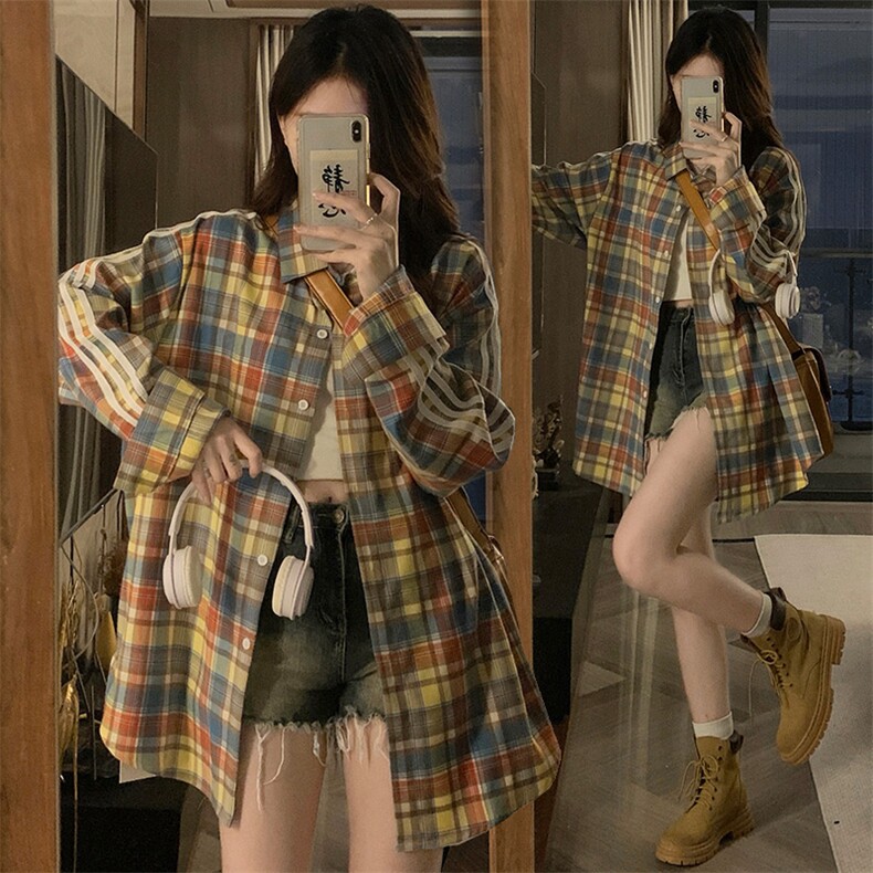 D603-P58美式复古条纹格子衬衫长袖春夏季外套情侣百搭宽松休闲，男装衬衫，星座911