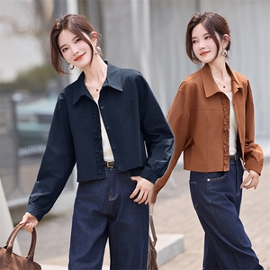 2025早秋新款韩系休闲复古别致好看小个子短款百搭衬衫薄外套女图片
