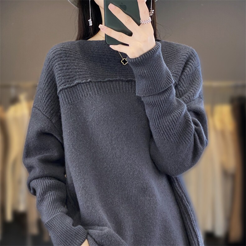 2024秋冬季新款圆领宽松外穿女中长款羊毛上衣,女装羊毛衫,迅太羊绒