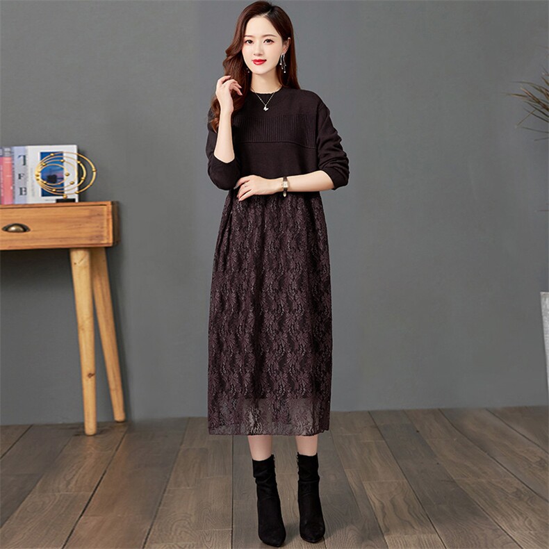 秋季2025新款配大衣蕾丝内搭长款宽松毛衣裙女时尚针织打底连衣裙，女装羊毛衫，艾米