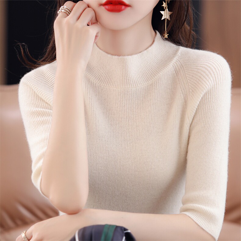 春秋冬半高羊毛衫女短袖修身显瘦套头毛衣针织上衣内穿外穿,针织衫/毛衣,皓宇羊绒