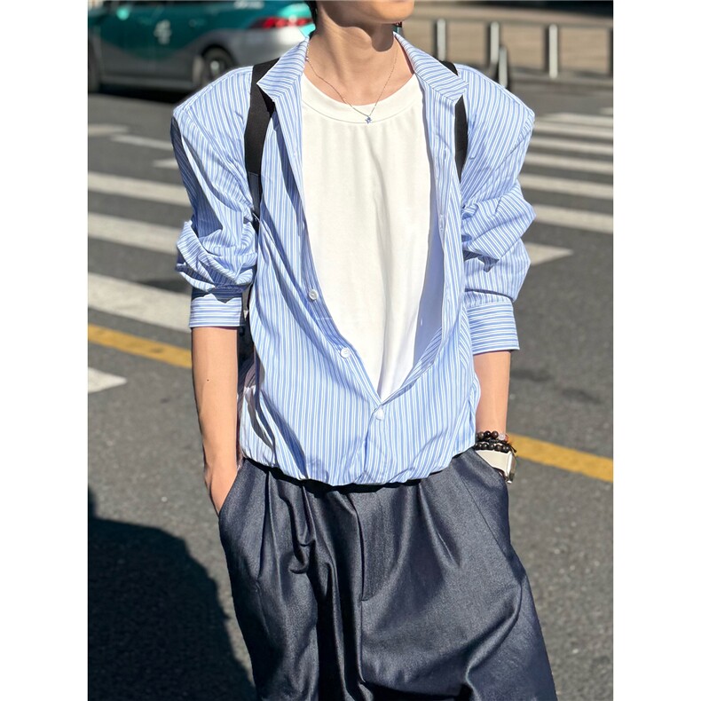 C316CS2521P68拼接撞色长袖衬衫假两件衬衣时尚百搭蓝色潮,男装衬衫,电商C316