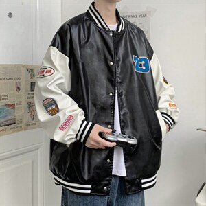 港风春秋新款夹克男字母刺绣港风棒球服宽松休闲PU皮外套2035-P85图片