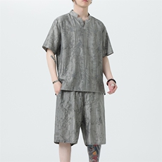 2025夏新款风男装新中式盘扣天丝提花套装短袖+短裤A99-P115，男装休闲套装，电商B277(原6028)