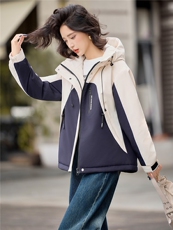 时尚拼色加棉加厚派克服外套女2025秋冬新款宽松保暖百搭连帽外套，女装棉衣/棉服，悦祺