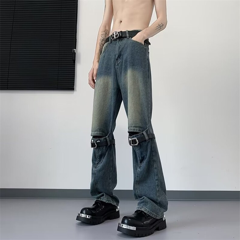 美式高街小众做旧牛仔裤男拼接设计感潮牌破洞阔腿裤K6037-P55,男装牛仔裤,星座1109-3