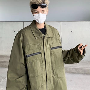 春秋美式chic外套男复古工装夹克军绿色设计感口袋棒球服潮牌图片