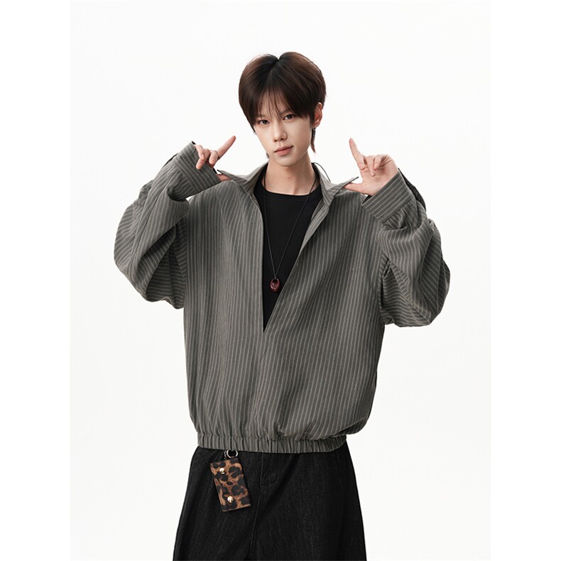 日系cityboy灰竖纹经典翻领衬衫宽松廓形个性上衣HY921TP48控88,男装衬衫,电商A102B