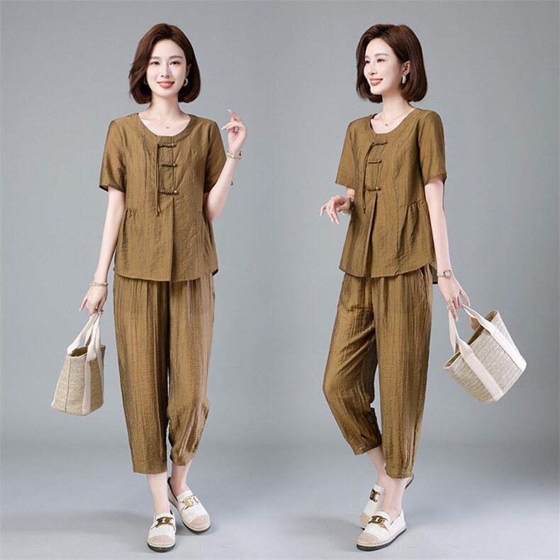 现货2024新款夏季薄款盘扣小众设计圆领休闲时尚套装两件套，女装套装/套裙，深水步